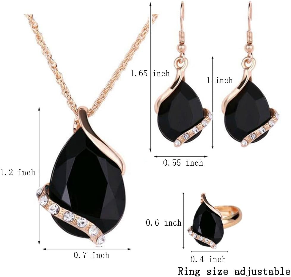 Women Crystal Pendant Gold Plated Chain Necklace Earring Jewelry Set (Black)