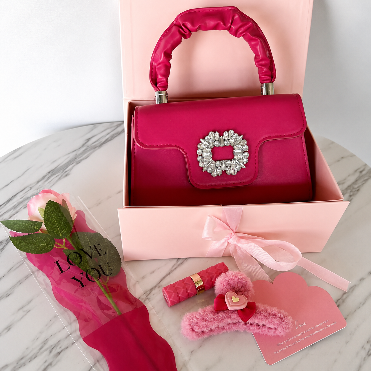 The Sweet Surprise Box - 6-Piece Bag & Beauty Gift Set for Her (Bag, Lipstick, Rose & More)