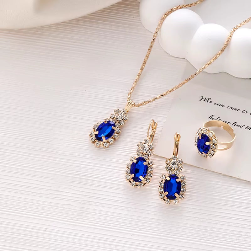 3Pcs Silver Oval Cut Cubic Zirconia Necklace Earrings Rings Set Trendy Banquet Daily Date Jewelry Set Gift for Women Girls Her