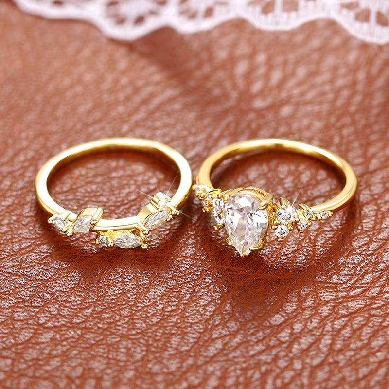 Trendy Bridal Sets Rings with Waterdrop Cubic Zirconia Romantic Women'S Accessories Anniversary Party New Luxury Jewelry