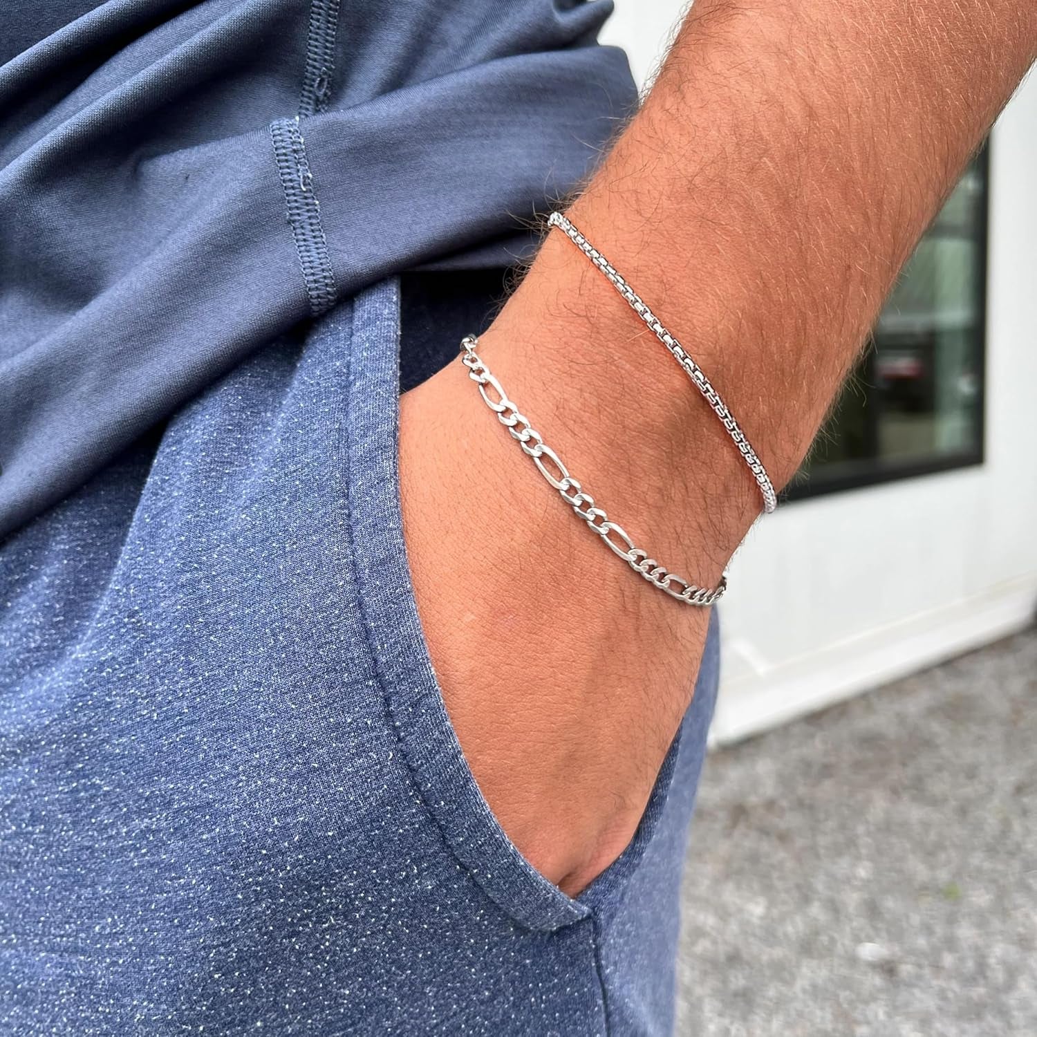 Silver Layered Chain Bracelets for Men, Size 7"/7.5"/8" Silver Rope Figaro Mens Bracelet Set Men Jewelry Gifts for Dad Boyfriend Husband