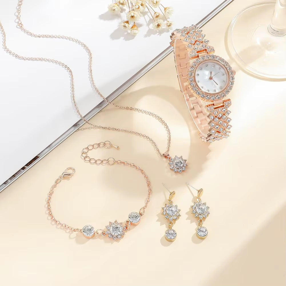 Women's Rose Gold Rhinestone Watch & Jewellery Gift Box