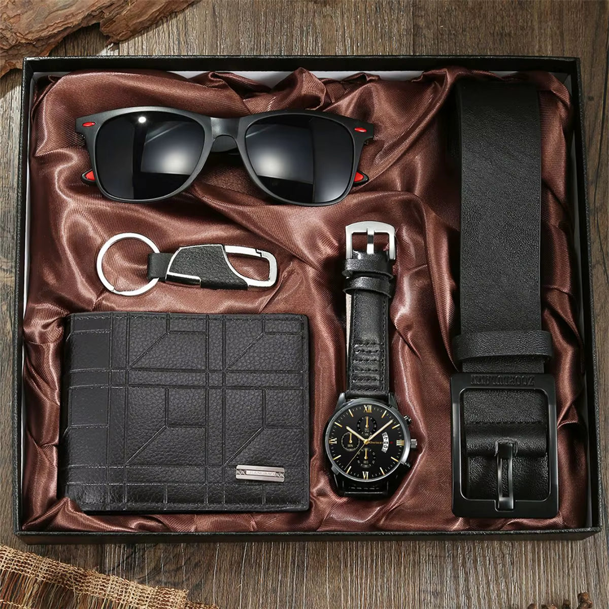 Men's 5-Piece Gift Box Set – Watch, Belt, Wallet, Hair Trimmer, Sunglasses & Keychain