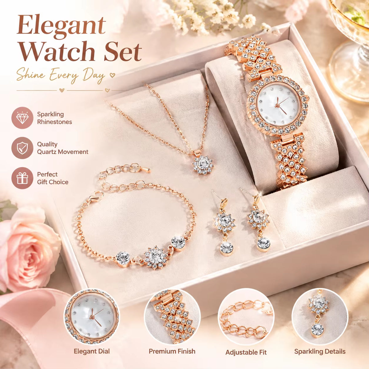 Women's Rose Gold Rhinestone Watch & Jewellery Gift Box