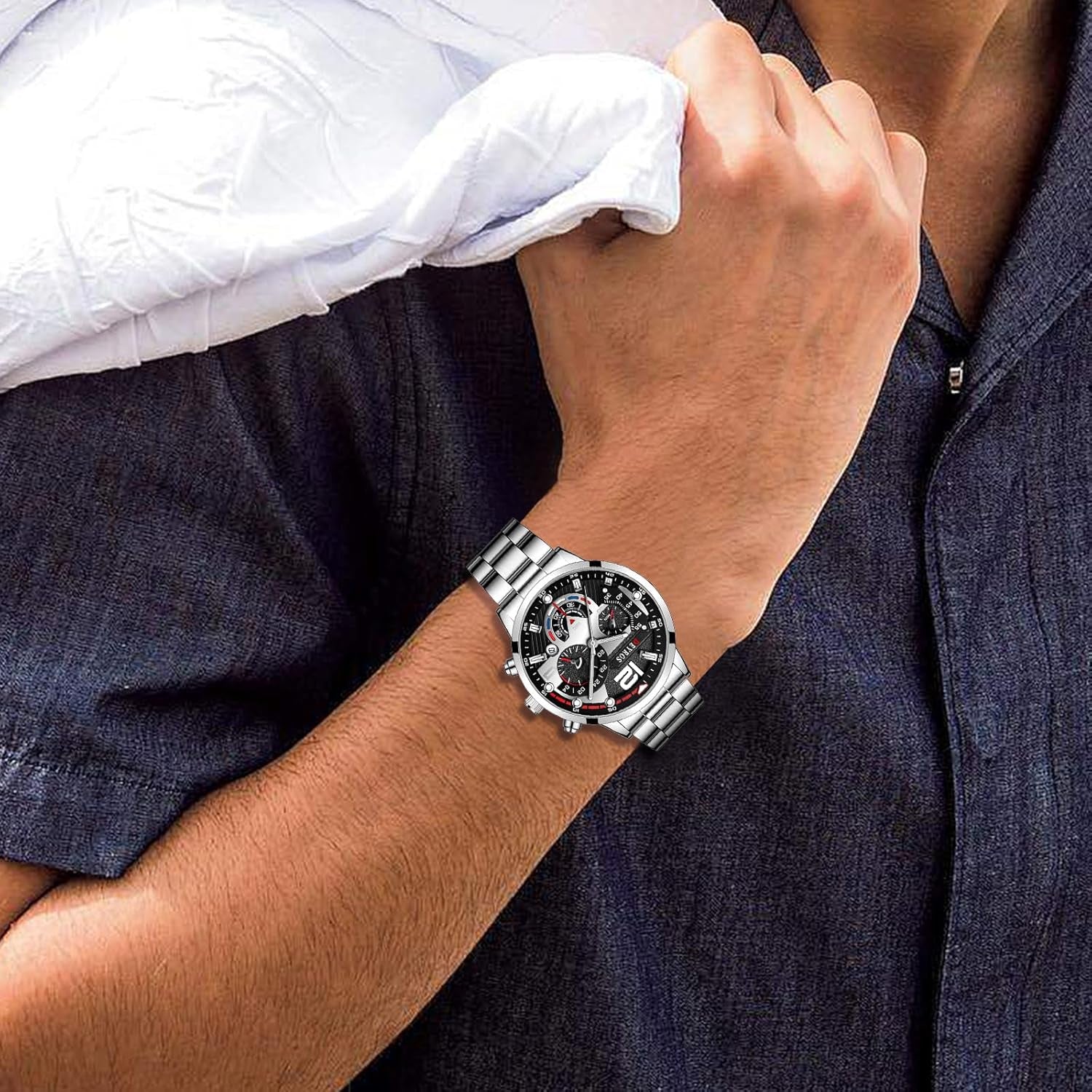 Men'S Wrist Watch: Big round Dial 3 Time Zone Decor Analog Quartz Wrist Watches for Men Waterproof Luminous Wristwatches Business Work Sport Casual Dress Watch