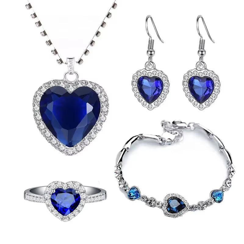 Women'S Bracelet Earring Necklace 3 Piece Set of Peach Heart Blue Crystal Zircon Jewelry Set Women'S Wedding Engagement Jewelry