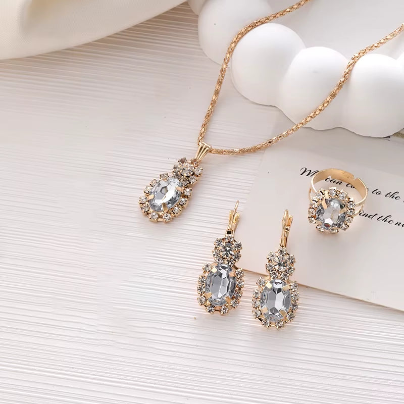 3Pcs Silver Oval Cut Cubic Zirconia Necklace Earrings Rings Set Trendy Banquet Daily Date Jewelry Set Gift for Women Girls Her