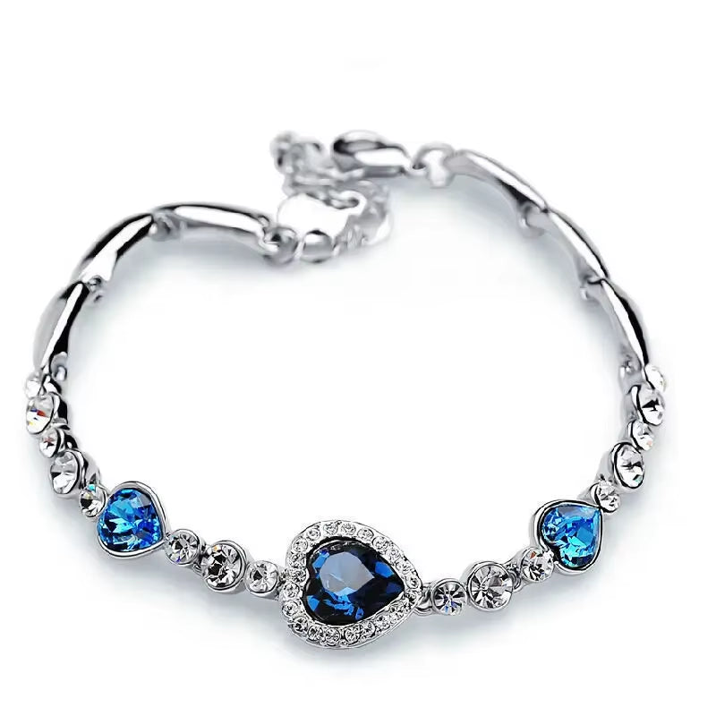 Women'S Bracelet Earring Necklace 3 Piece Set of Peach Heart Blue Crystal Zircon Jewelry Set Women'S Wedding Engagement Jewelry