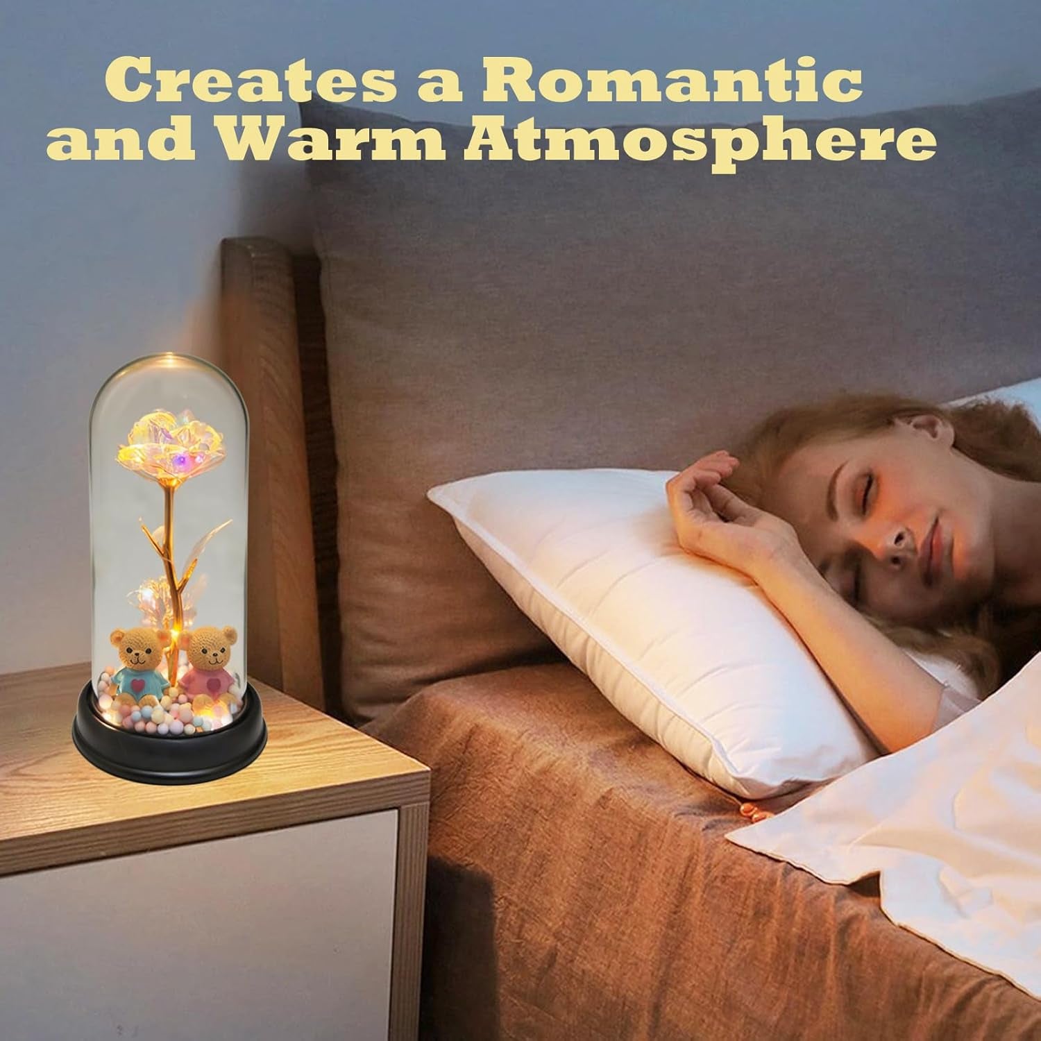 Roses Gifts for Her,Cute Bear Light up Rose in a Glass Dome,Christmas Rose Gifts for Her Mom Women Wife Girl Grandma on Christmas Anniversary Valentines (Golden)