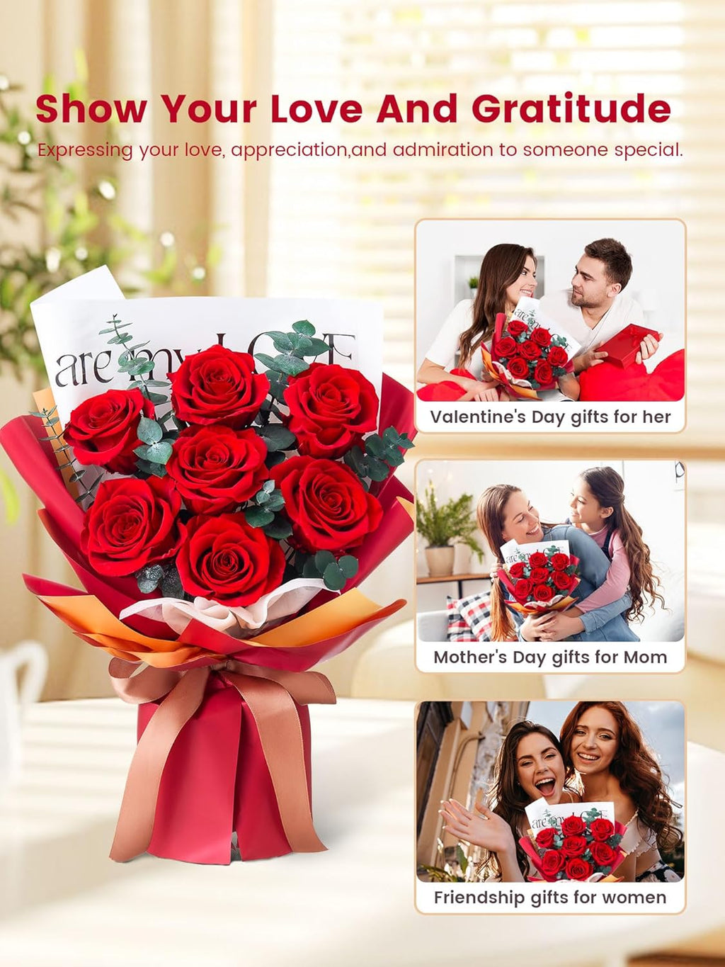 Roses Bouquet 7-Piece Forever Flowers Bouquet Gift for Her Women Wife Mothers Anniversary Birthday Wedding (Red Roses)