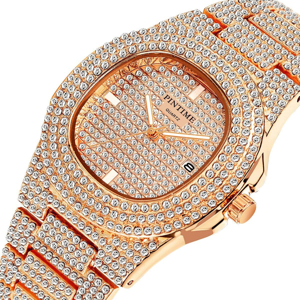 Men'S/Womens Unisex Crystal Watch Full Bling Iced-Out Cuban Watch Oblong Silver/Gold Wristwatch Hip-Hop Stainless Steel Bracelet Watch