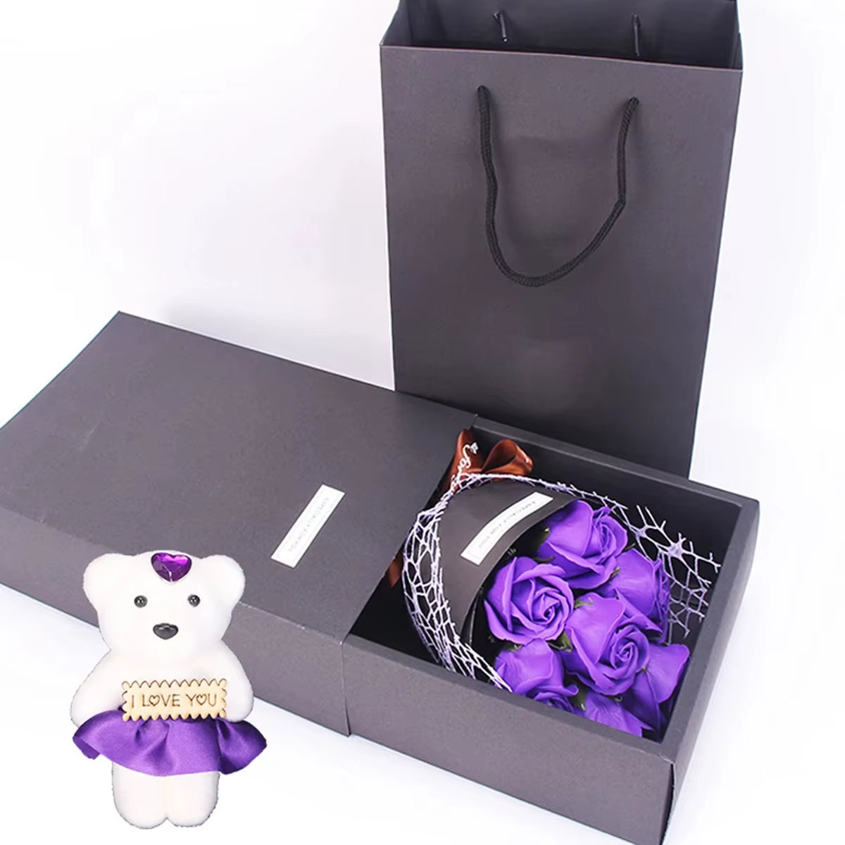 1Pc Handmade 7 Rose Soap Bouquet Little Bear Gift Box Creative Valentine'S Day Mother'S Day Birthday Party Rose Flower Gifts