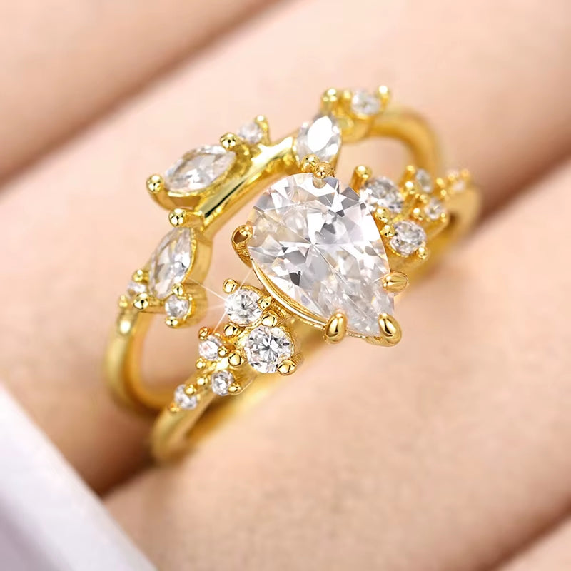Trendy Bridal Sets Rings with Waterdrop Cubic Zirconia Romantic Women'S Accessories Anniversary Party New Luxury Jewelry