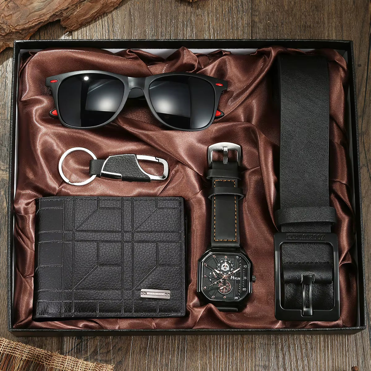 Men's 5-Piece Gift Box Set – Watch, Belt, Wallet, Hair Trimmer, Sunglasses & Keychain