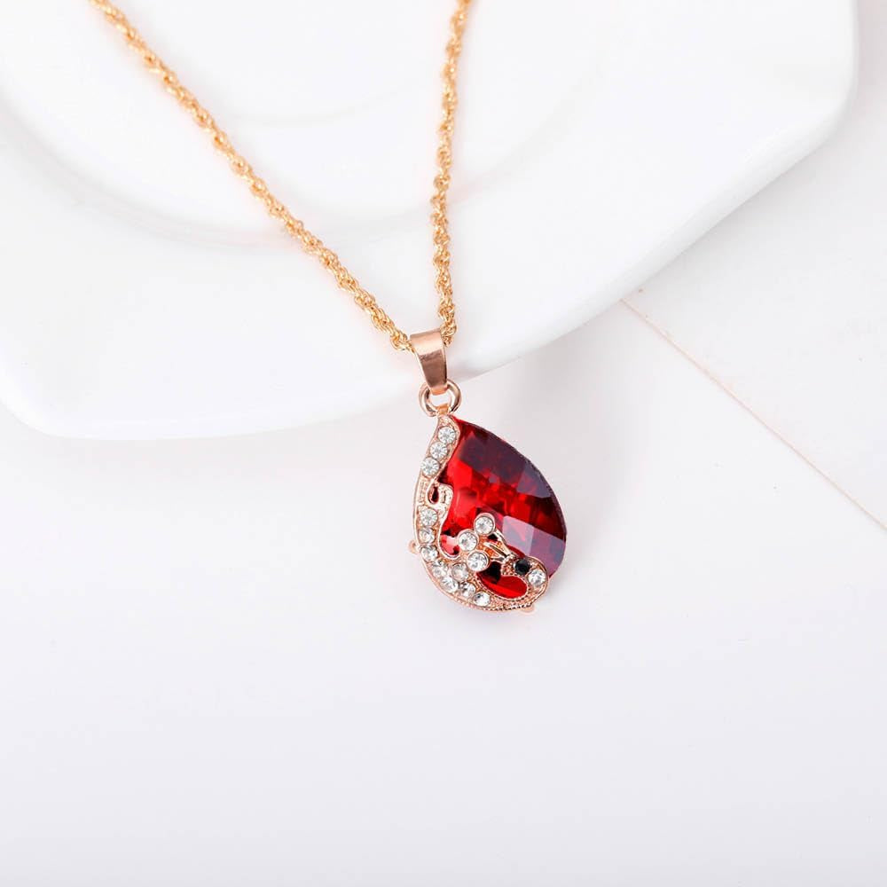 Women'S Gold Plated Teardrop Crystal Necklace, Rings and Earrings Jewelry Set (Red)