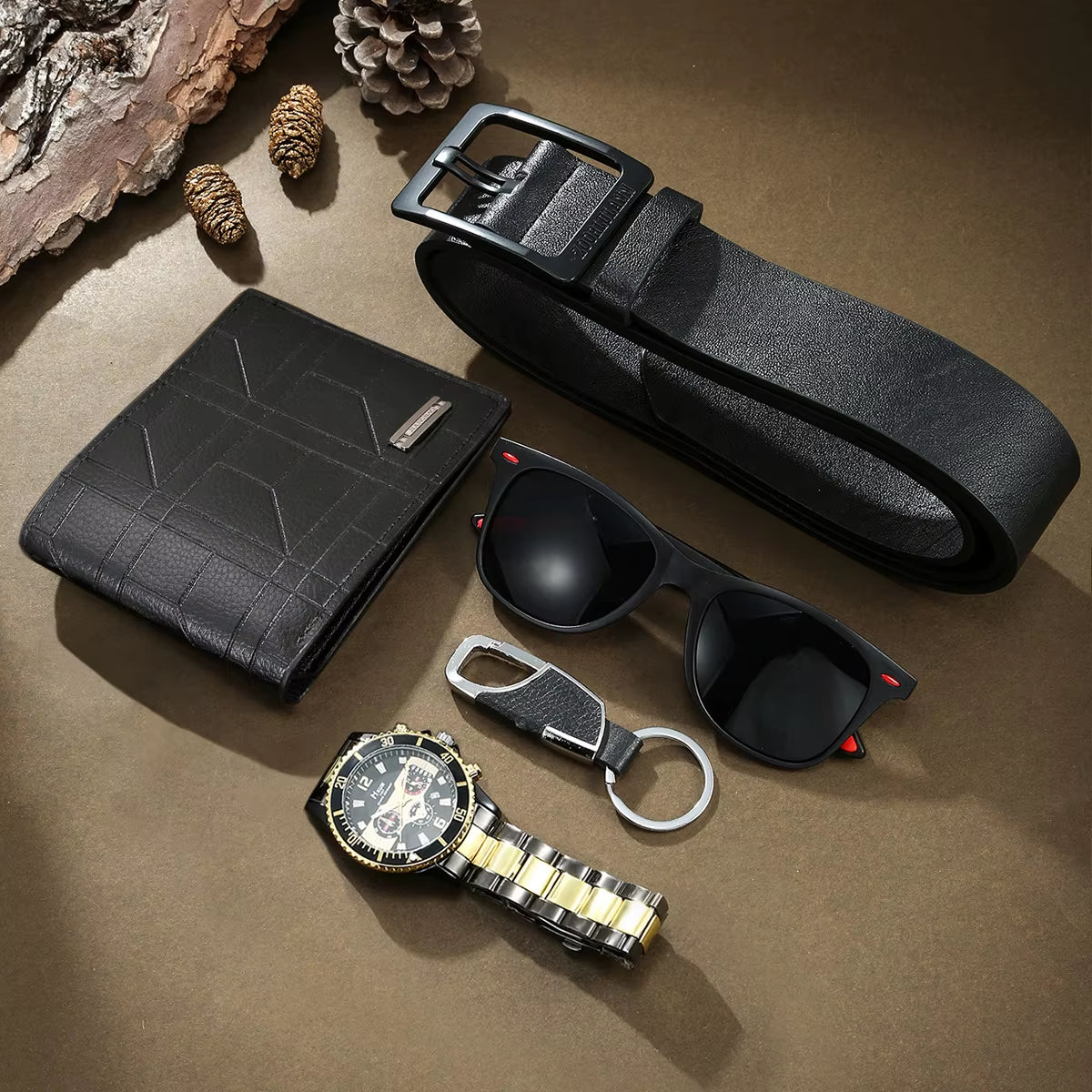 Men's 5-Piece Gift Box Set – Watch, Belt, Wallet, Hair Trimmer, Sunglasses & Keychain