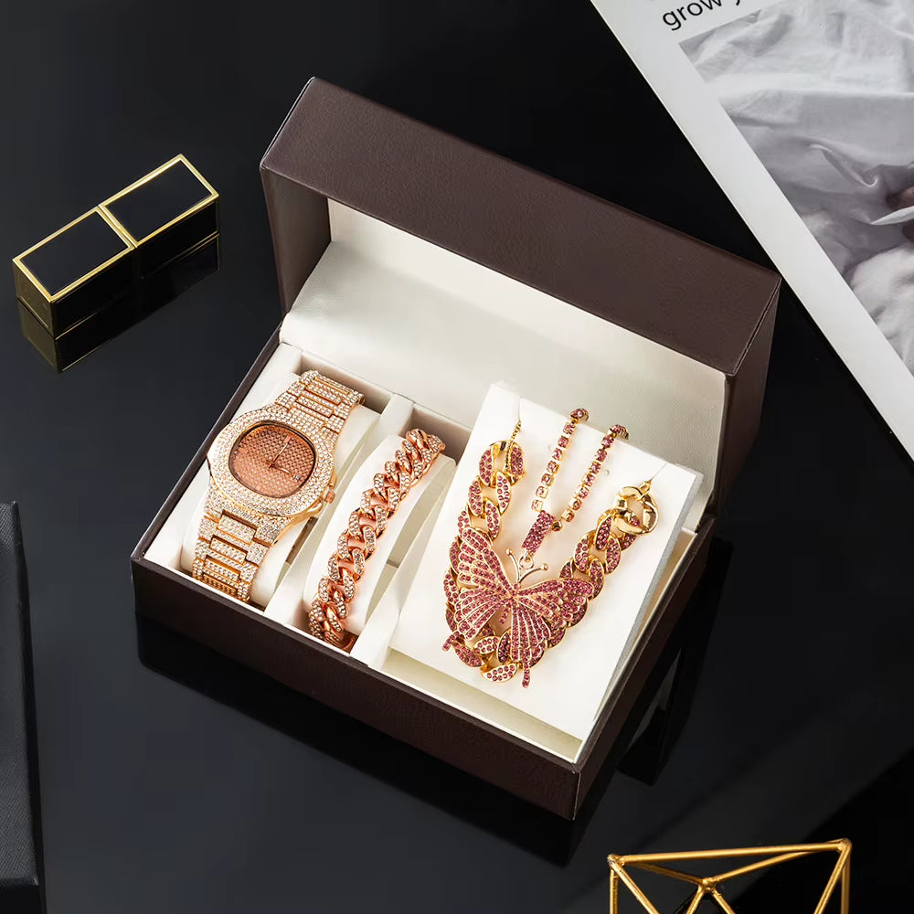 Women's Watch & Jewellery Gift Box – Gold Watch, Bracelet, Necklace & Cuban Chain Set