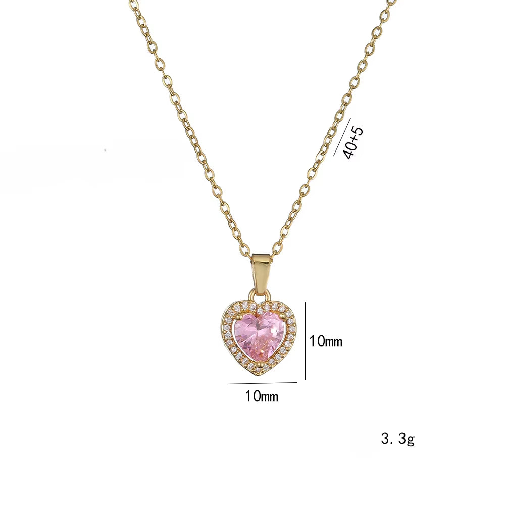 Stainless Steel Chain Pink Heart-Shaped Zircon Pendant Necklace for Women Lady Sweet Jewelry Accessories Gifts