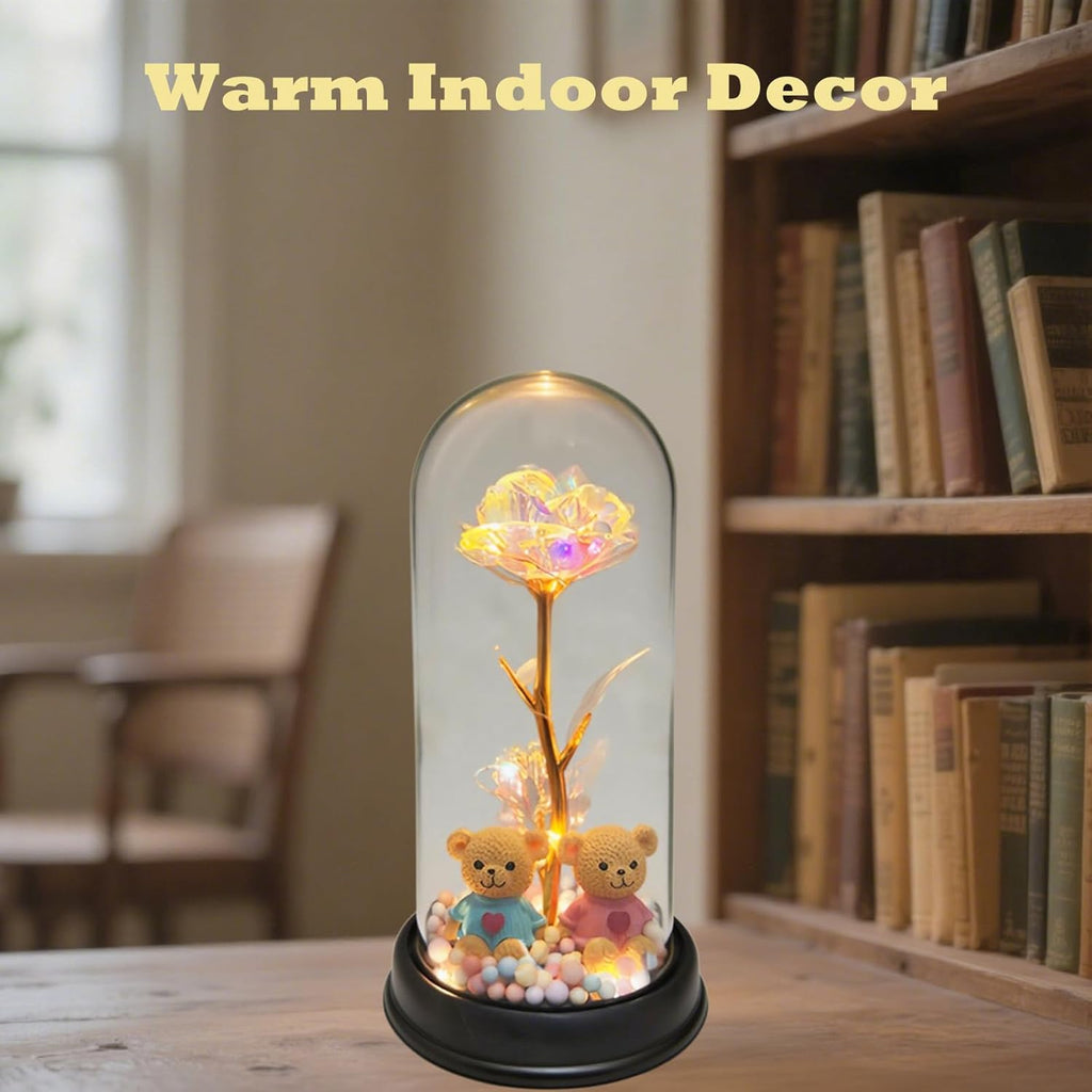 Roses Gifts for Her,Cute Bear Light up Rose in a Glass Dome,Christmas Rose Gifts for Her Mom Women Wife Girl Grandma on Christmas Anniversary Valentines (Golden)