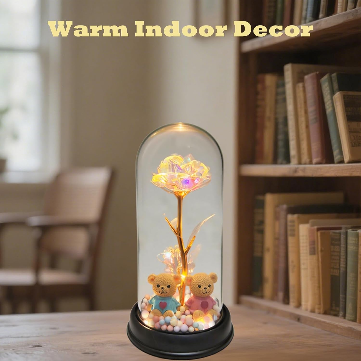 Roses Gifts for Her,Cute Bear Light up Rose in a Glass Dome,Christmas Rose Gifts for Her Mom Women Wife Girl Grandma on Christmas Anniversary Valentines (Golden)