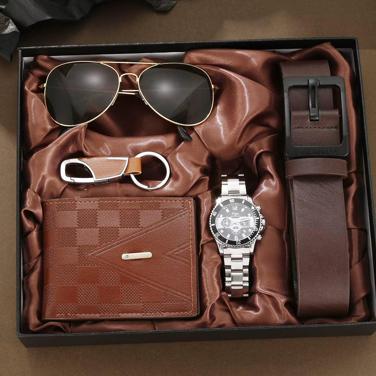 Men's 5-Piece Gift Box Set – Watch, Belt, Wallet, Hair Trimmer, Sunglasses & Keychain