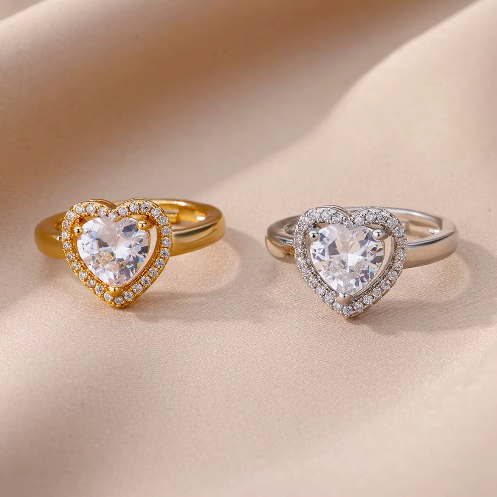 Stainless Steel Heart Rings for Women Zircon Gold Plated Heart Adjustable Ring Femme Wedding Party Accessories Jewelry Gift 2023