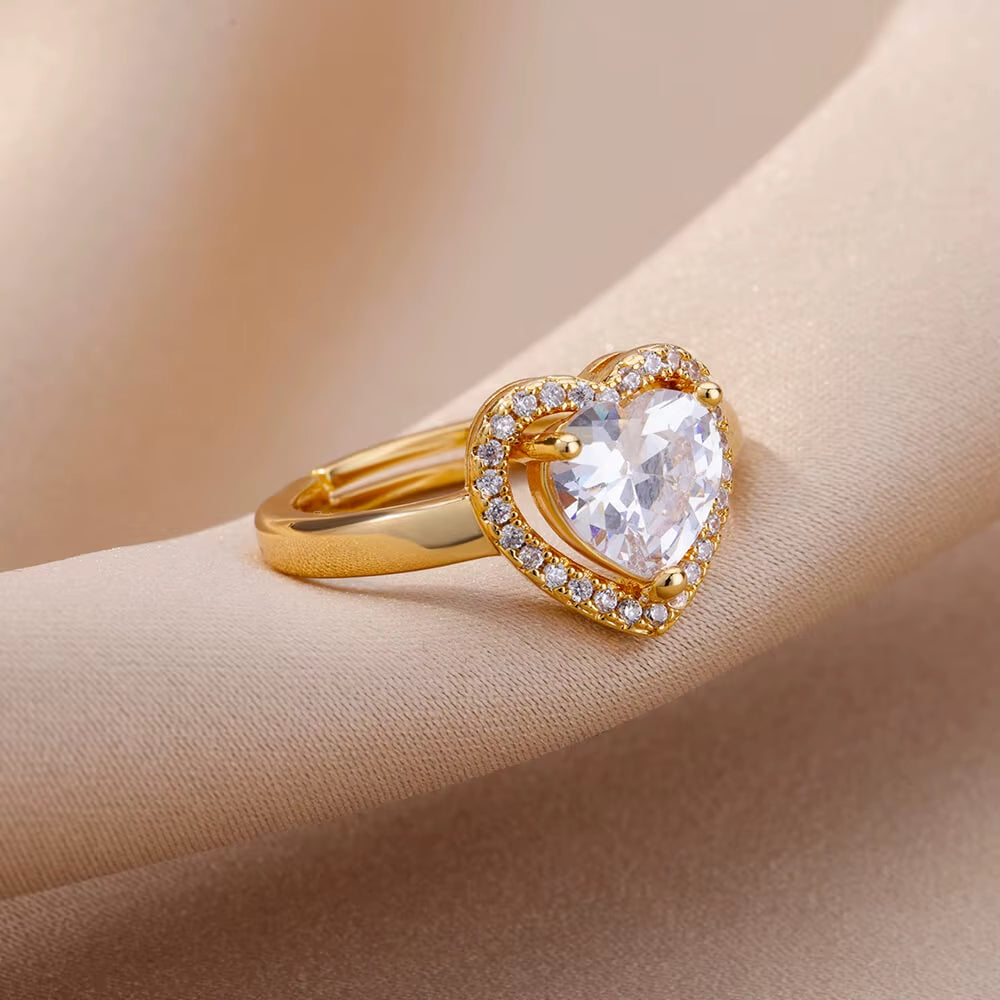 Stainless Steel Heart Rings for Women Zircon Gold Plated Heart Adjustable Ring Femme Wedding Party Accessories Jewelry Gift 2023