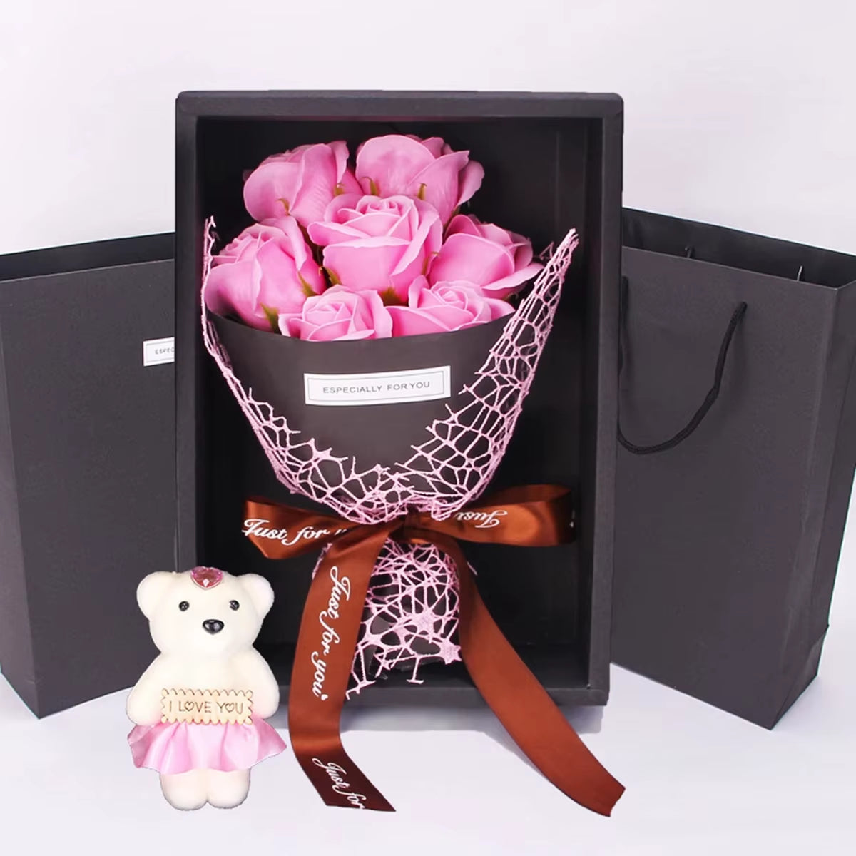 1Pc Handmade 7 Rose Soap Bouquet Little Bear Gift Box Creative Valentine'S Day Mother'S Day Birthday Party Rose Flower Gifts