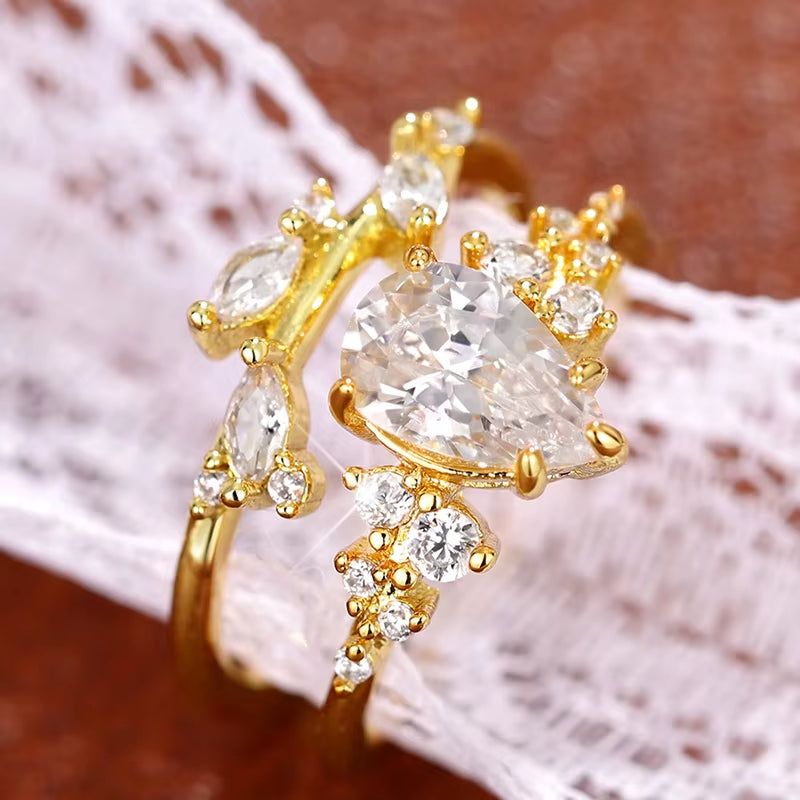 Trendy Bridal Sets Rings with Waterdrop Cubic Zirconia Romantic Women'S Accessories Anniversary Party New Luxury Jewelry