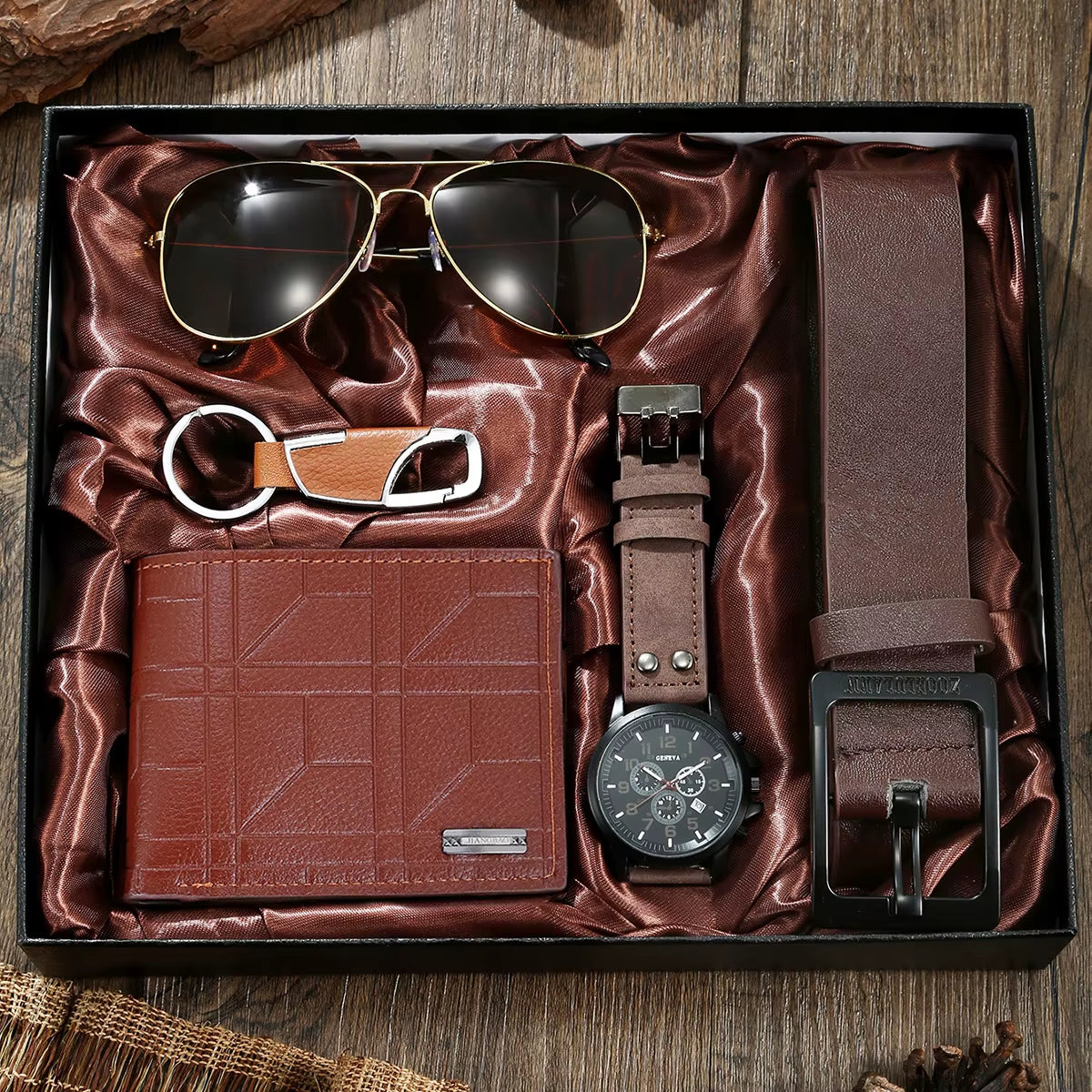 Men's 5-Piece Gift Box Set – Watch, Belt, Wallet, Hair Trimmer, Sunglasses & Keychain