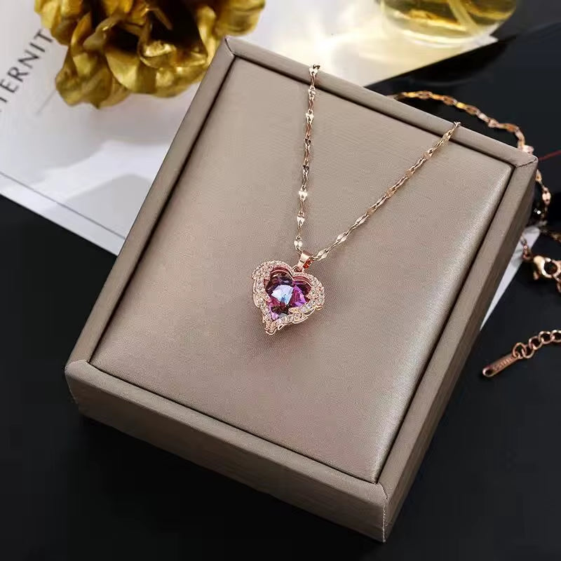 Top Luxury Colorful Crystal Ocean Heart Pendant Necklace for Women Trendy 316L Stainless Steel Jewelry Female Wedding Neck Chain
