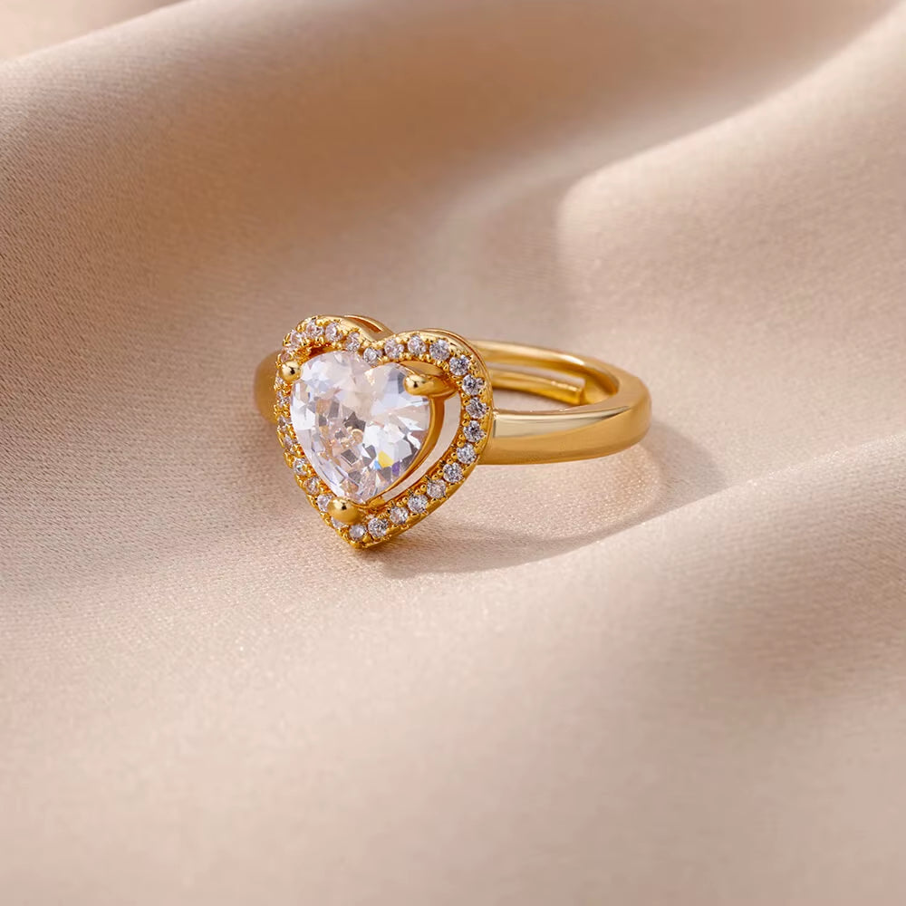 Stainless Steel Heart Rings for Women Zircon Gold Plated Heart Adjustable Ring Femme Wedding Party Accessories Jewelry Gift 2023