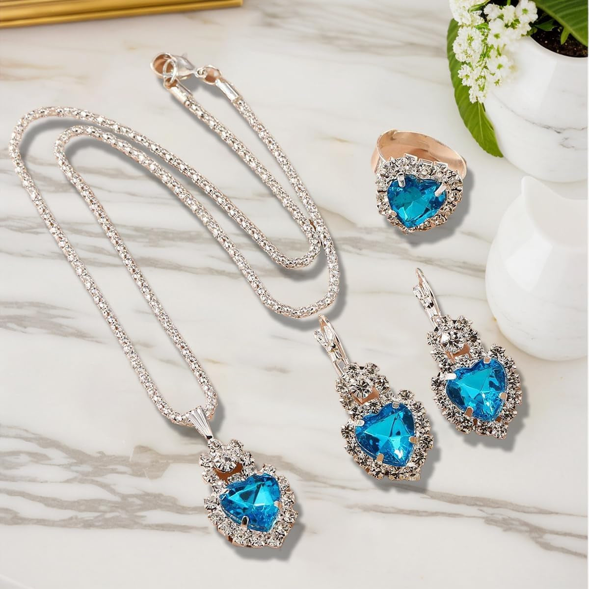 Jewelry Set for Women Love Heart Alloy Artificial Crystal Earrings Pendant Necklace Ring Wedding Party Prom Anniversary Birthday Engagement for Bridal Bridesmaid Girlfriend