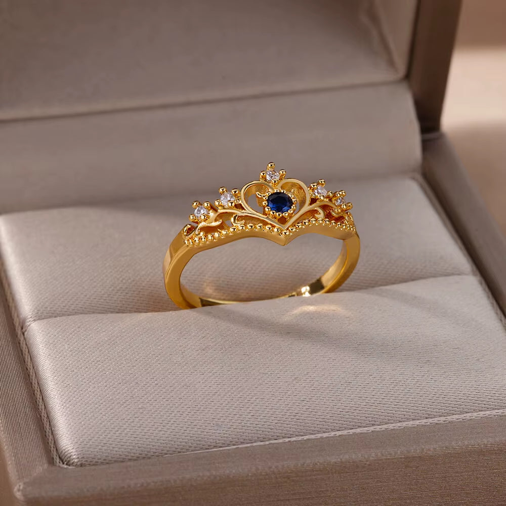 Blue Zircon Crown Rings for Women Stainless Steel Adjustable Crown Ring 2023 Trend Design Female Wedding Jewerly Free Shipping