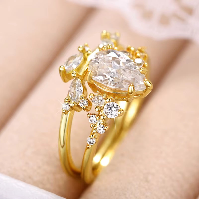 Trendy Bridal Sets Rings with Waterdrop Cubic Zirconia Romantic Women'S Accessories Anniversary Party New Luxury Jewelry