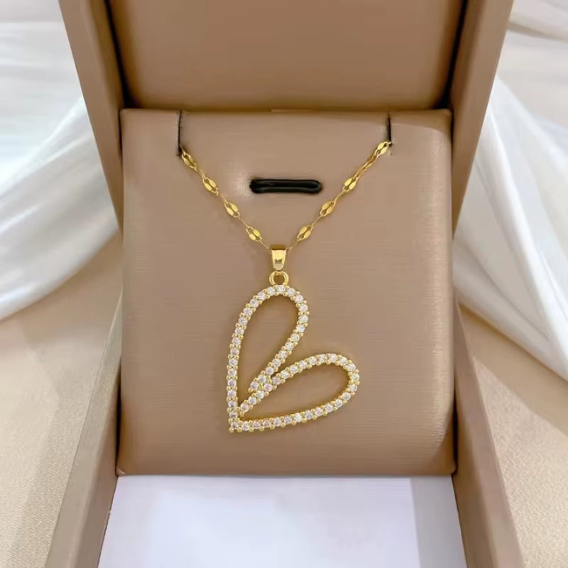 Trendy Heart Stainless Steel Zirconia Necklaces for Women Girls Love Gold Color Metal Necklace Party Birthday Daily Jewelry
