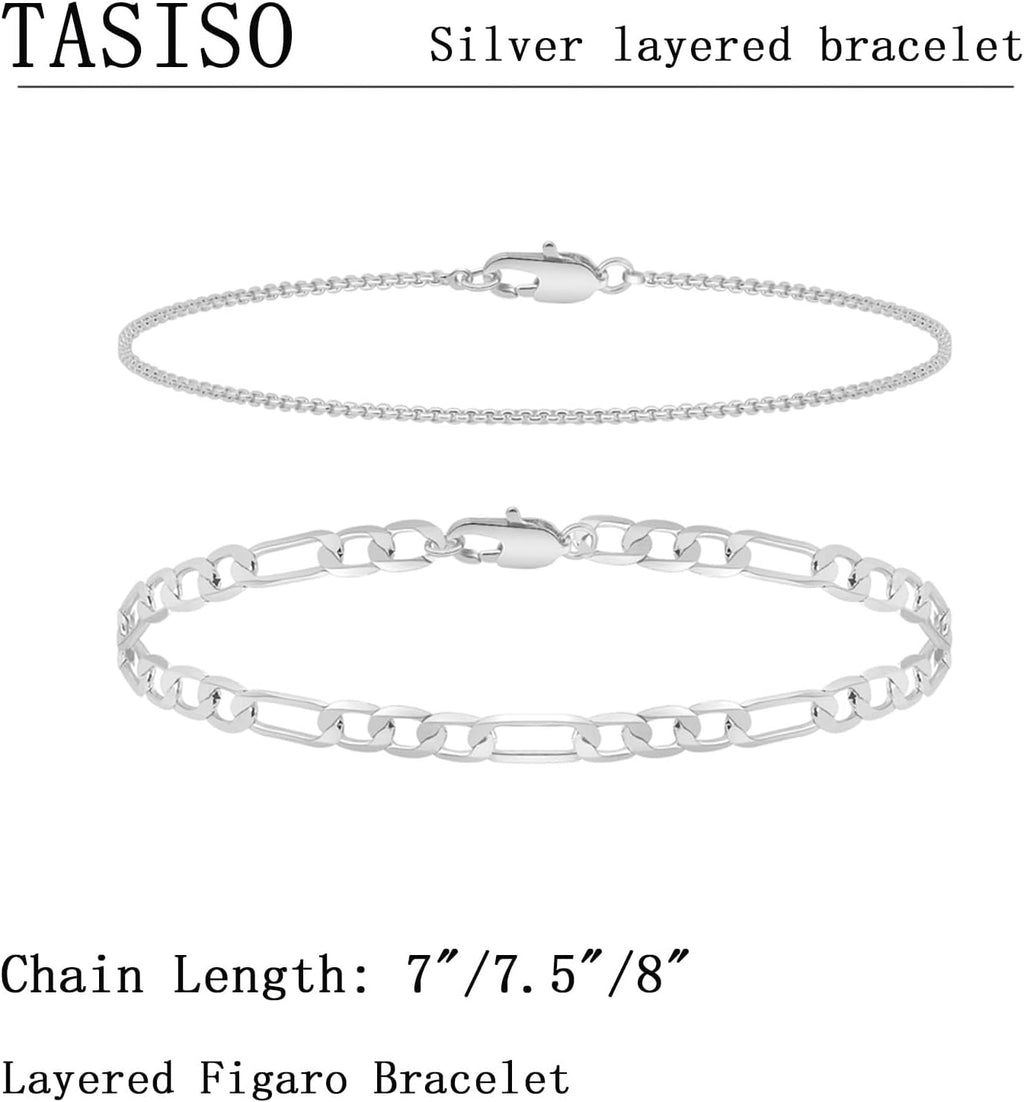 Silver Layered Chain Bracelets for Men, Size 7"/7.5"/8" Silver Rope Figaro Mens Bracelet Set Men Jewelry Gifts for Dad Boyfriend Husband