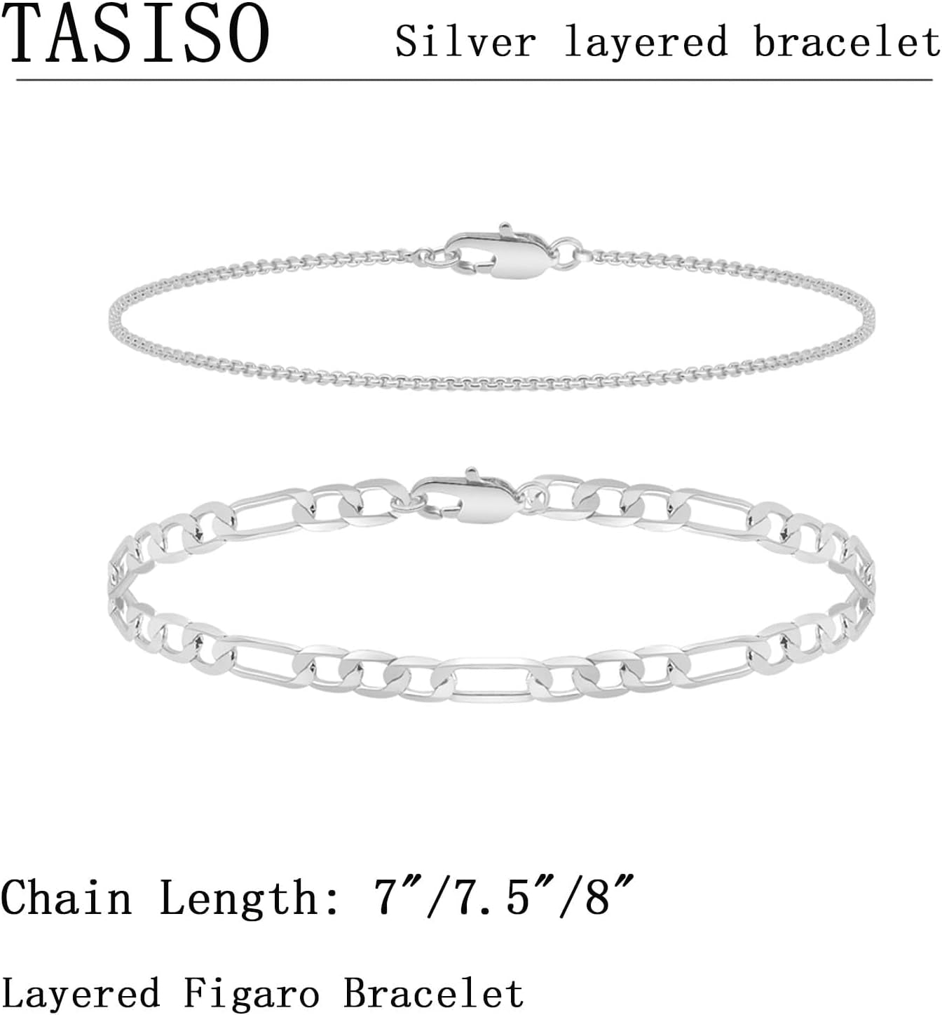 Silver Layered Chain Bracelets for Men, Size 7"/7.5"/8" Silver Rope Figaro Mens Bracelet Set Men Jewelry Gifts for Dad Boyfriend Husband