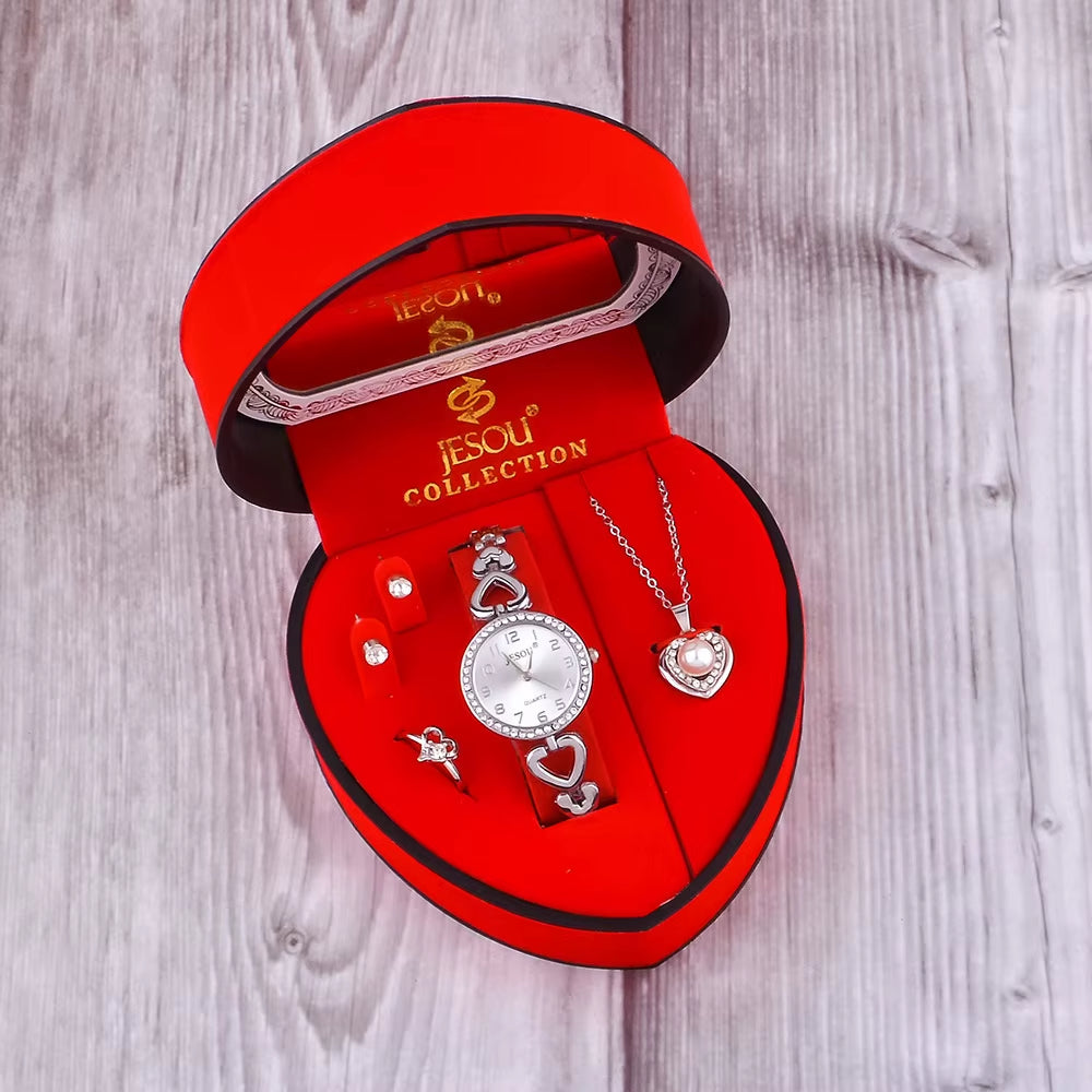 Women's Watch & Jewellery Gift Box – Silver Crystal Watch, Necklace, Ring & Earrings