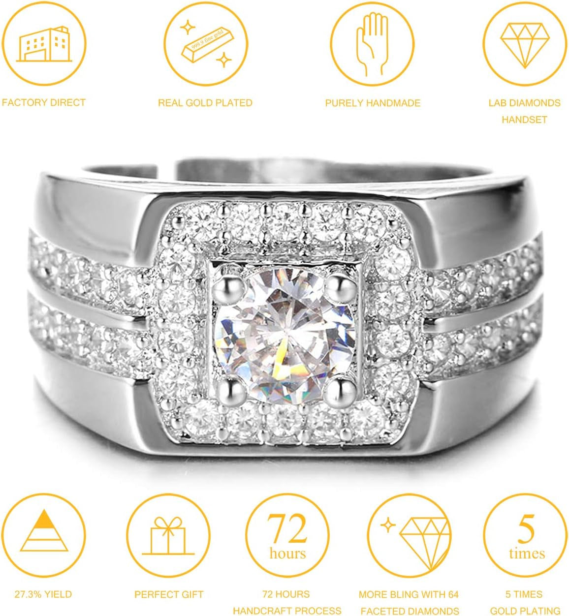 Gold Diamond Ring Iced Out, Men'S 18K Real Gold Plated/Platinum White Gold Finish Ring Size Adjustable with Free Giftbox