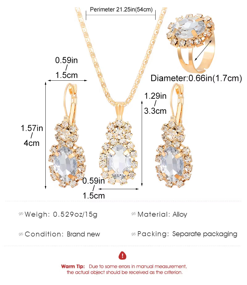 3Pcs Silver Oval Cut Cubic Zirconia Necklace Earrings Rings Set Trendy Banquet Daily Date Jewelry Set Gift for Women Girls Her