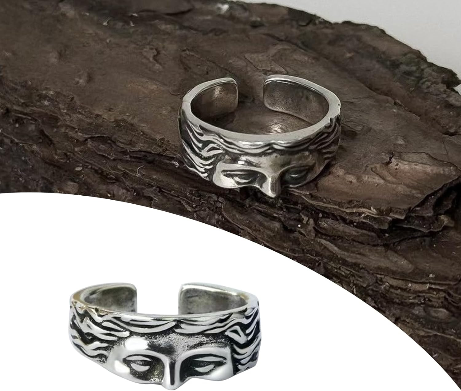 Vintage Rings Men'S Vintage Stainless Steel Unique Half Face Ring Adjustable Opening Ring for Women Men Fashion Unique Jewelry Birthday Gift
