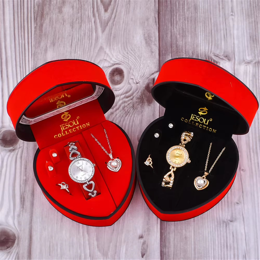 Women's Watch & Jewellery Gift Box – Silver Crystal Watch, Necklace, Ring & Earrings