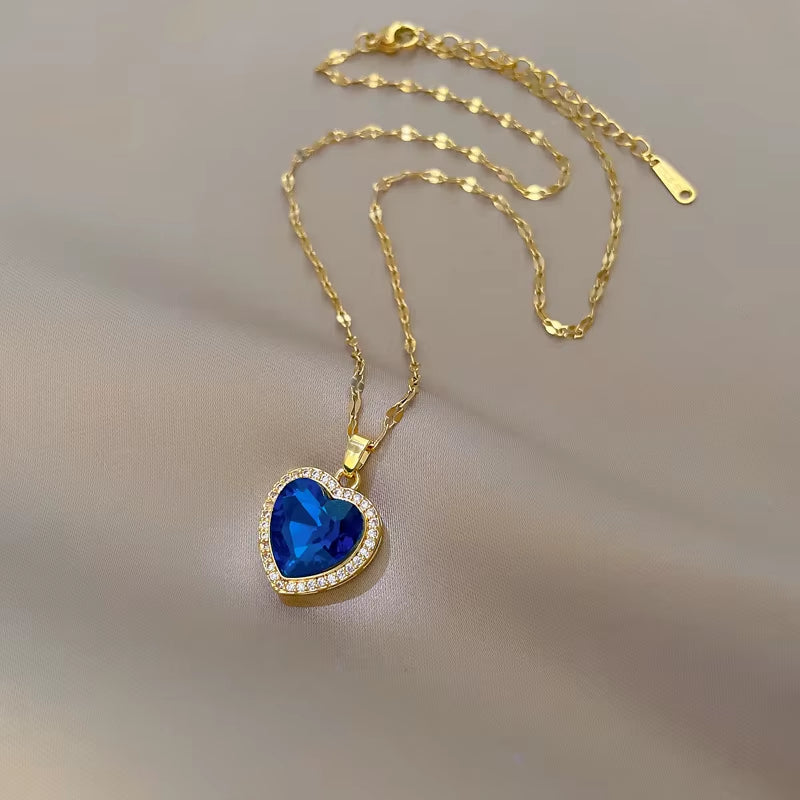 Women'S 316L Stainless Steel Heart-Shaped Pendant Necklace with Big Blue Zircon Fashion Clavicle Chain Jewelry Gift for Girls
