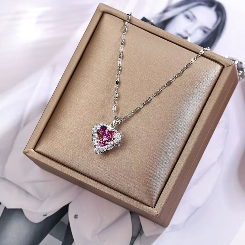Top Luxury Colorful Crystal Ocean Heart Pendant Necklace for Women Trendy 316L Stainless Steel Jewelry Female Wedding Neck Chain