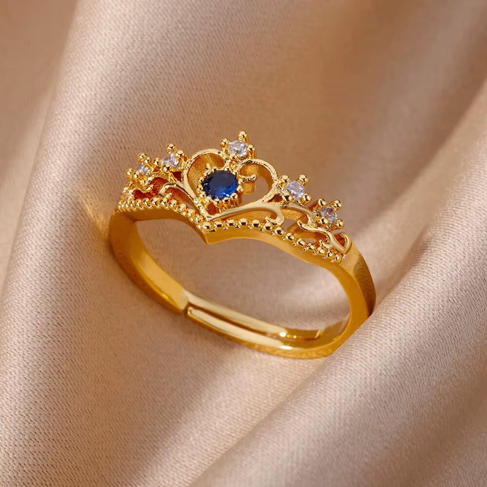 Blue Zircon Crown Rings for Women Stainless Steel Adjustable Crown Ring 2023 Trend Design Female Wedding Jewerly Free Shipping
