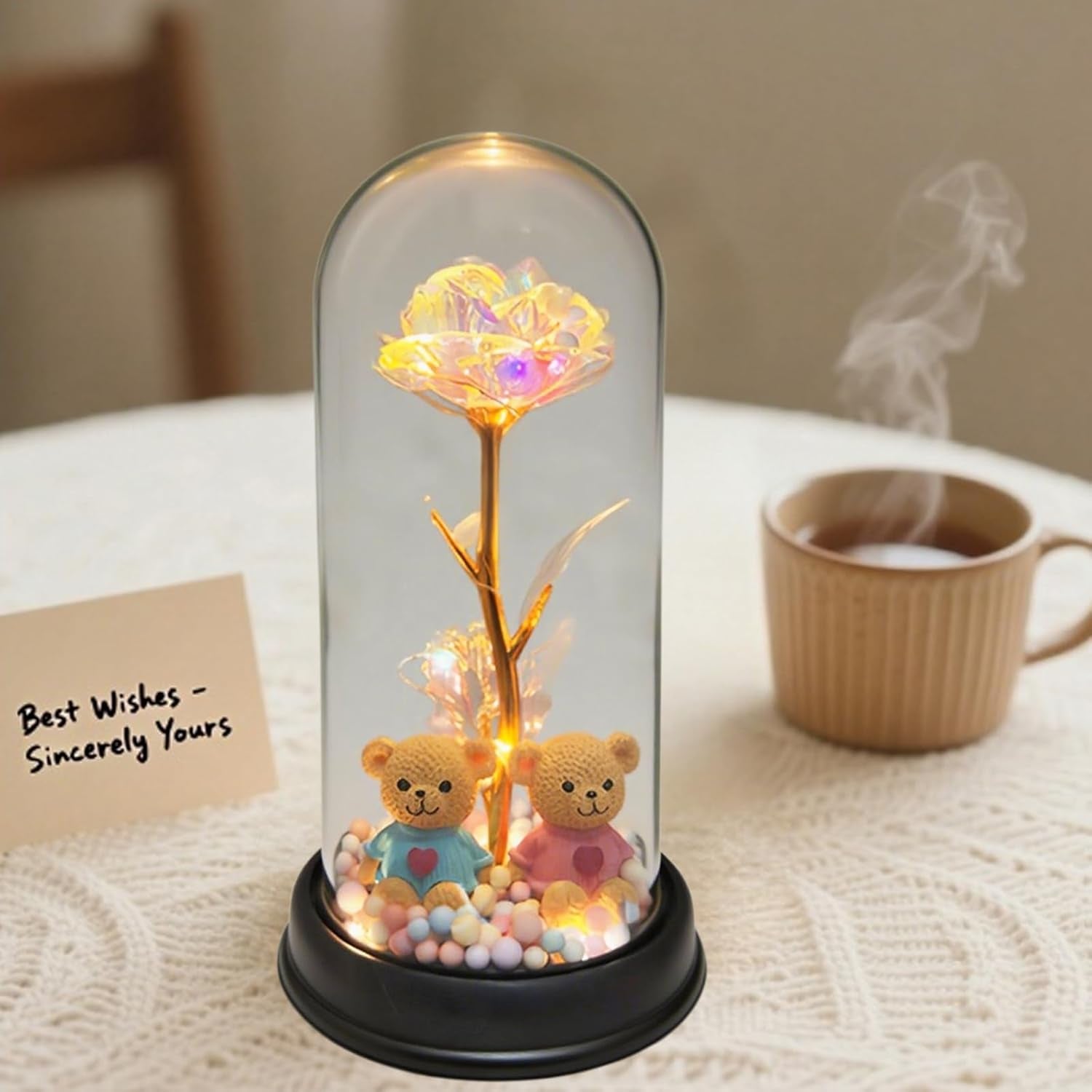 Roses Gifts for Her,Cute Bear Light up Rose in a Glass Dome,Christmas Rose Gifts for Her Mom Women Wife Girl Grandma on Christmas Anniversary Valentines (Golden)