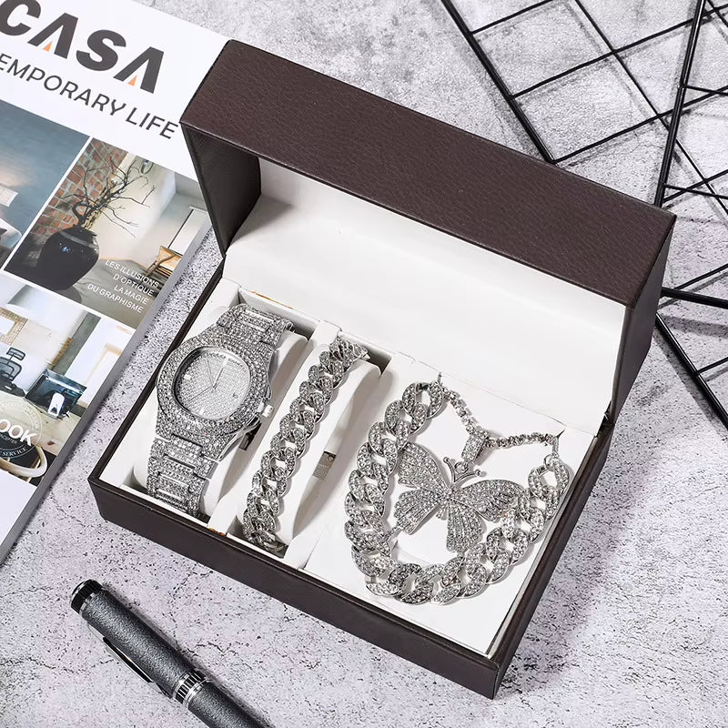 Women's Watch & Jewellery Gift Box – Gold Watch, Bracelet, Necklace & Cuban Chain Set