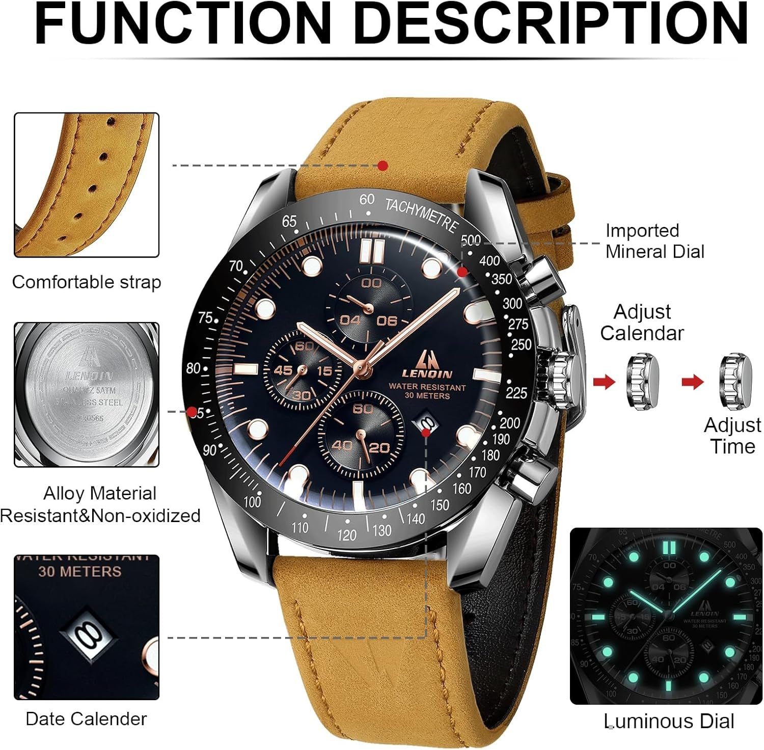 Mens Watches Leather Watch Analog Quartz Watch for Men Luminous Luxury Fashion Business Casual 30M Waterproof Men'S Wrist Watches with Date