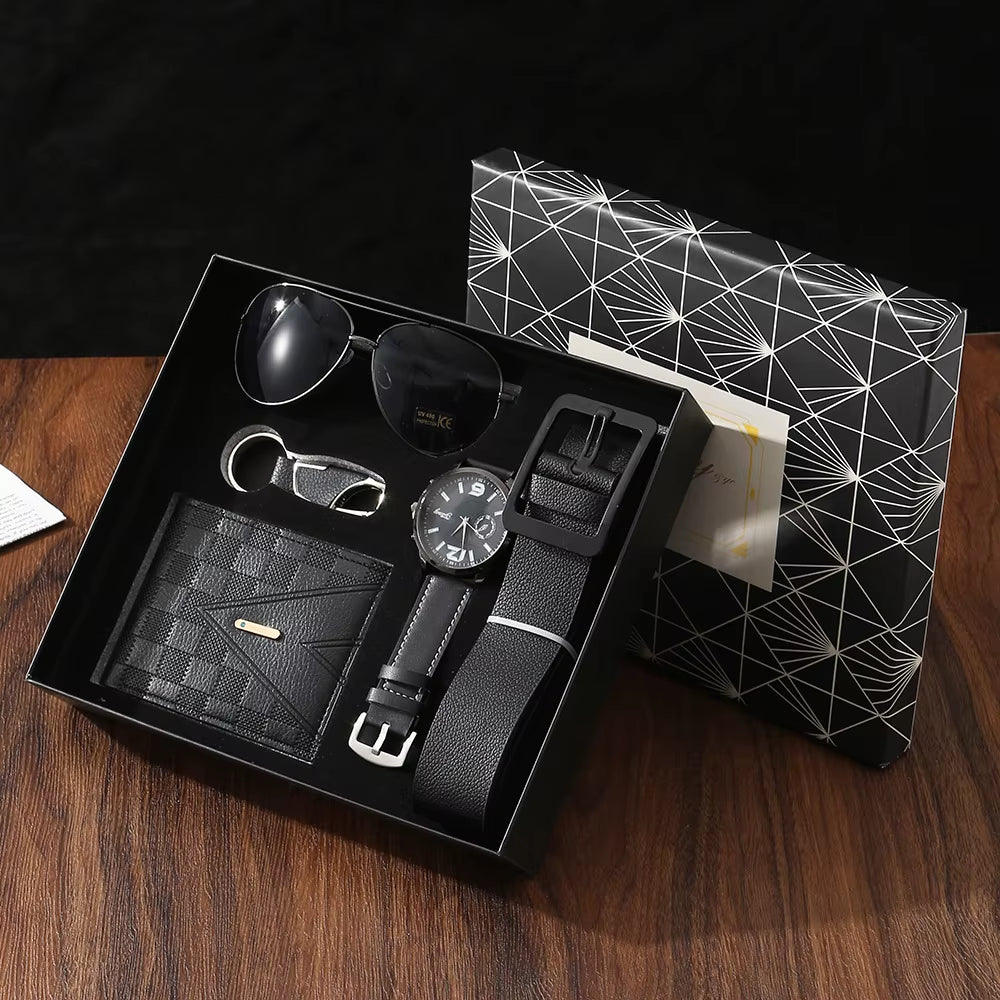 Men's Luxury Gift Set – Watch, Wallet, Belt, Sunglasses & Keychain in Gift Box